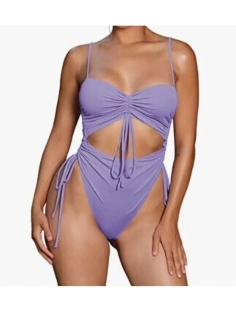 Lavender Cutout One-Piece Swimsuit High Cut Cheeky Thong Sexy Adjustable Straps